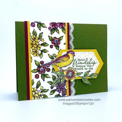 Colors of Fall appear on this beautiful Free As A Bird friendship card. Using Stampin' Blends ,I altered the colors on the Bird Ballad paper first in warm tones. It was easy to replicate those colors with Stampin Blends to color the bird. Crushed Curry, Rich Razzleberry and Mossy Meadow. Stitched Nested Label Dies, All Wired Up stamp and Scalloped Lace Trim. https://www.pamstrobelcreates.com/card-tutorials