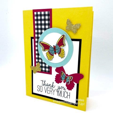 There is something relaxing about the botanical feel of butterflies. The feel of stepping out in nature can easily be captured with Stampin'Up's Butterfly Gala stamp set. With 4 different butterfly images I always have a variety of options to make. Features in this card include colors Daffodil Delight, Lovely Lipstick, Pool Party and Basic Black colors, Use the Butterfly Duet Punch to easily punch the large and small butterflies. Add Red Rhinestones to the butterfly bodies for touchable interest on your card. Enjoy more Butterflies here : https://www.pamstrobelcreates.com/butterfly-gala-stamp-set