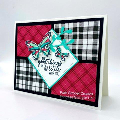 Flutters of bright color appear in the center of my geometric designed card. No matter what patterned paper I use I can match the colors in my butteryfly. Plaid Tidings Designer Series Paper and the Butterfly Gala stamp set & Butterfly Duet Punch were used incorporating colors Coastal Cabana , Bermuda Bay , Melon Mambo and Basic Black. Add Holiday Rhinestones to the body and a fun Sprig Punch branch. Enjoy more inspirations : https://www.pamstrobelcreates.com/butterfly-gala-stamp-set