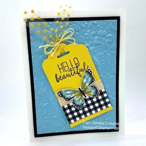 Make a touchable card with contrast, color and texture. I used Stampin'Up's Butterfly Gala stamp set with colors Balmy Blue , Daffodil Delight & Basic Black. Create a great focal spot using the Scalloped Tag Topper Punch, dyed Polka Dot Tulle Ribbon and twine. Amazing background texture using the Country Floral embossing folder. Continue your inspiration by visiting my website inspiration gallery here : https://www.pamstrobelcreates.com/butterfly-gala-stamp-set