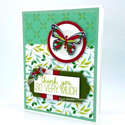 Patterned paper and a POP of bright color can mix well especially if you use complimentary colors. (those across from each other on the color wheel) So greens and red/pinks will always goo well together.. That's one of the pleasure of using Stampin'Up's Butterfly Gala stamp set , I can color my butterfly wing sections to match my chosen paper. An added bonus is using the Butterfly Duet Punch for those images..no fussy cutting, Garden Lane Designer Paper, Mossy Meadow. Pear Pizzazz, Mint Macaron & Lovely Lipstick. Red Rhinestones are perfect to give sparkle to the butterfly body. Find more inspiration on my website here : https://www.pamstrobelcreates.com/butterfly-gala-stamp-set