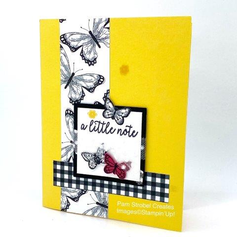 Who loves Daffodil Delight yellow and Basic Black together? Everyone !!! This card uses the Botanical Butterfly Designer Paper however you can easily stamp the butterflies on white apaper and make your own. The Butterfly Duet Punch easily punches out 2 sizes of butterflies . Add a fun touchable texture using Polka Dot Tulle Ribbon. Create a little color attention by stamping 1 small butterfly in a bright color of Melon Mambo. Butterfly lovers can find more inspiration here : https://www.pamstrobelcreates.com/butterfly-gala-stamp-set