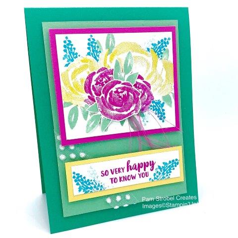 I can make a beautiful cluster of flower with just 1 stamp set because it has so many images. It's a stamp set that I like to make masks for so the color layers don't get stamped over each other. Just Jade, Balmy Blue, Magenta Madness and Daffodil Delight were used with the Beautiful Friendship stamp set. Find additional card designs from the set here https://www.pamstrobelcreates.com/beautiful-friendship-stamp-set