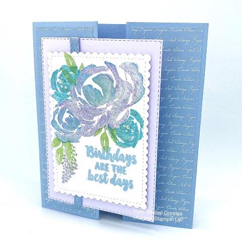 We all enjoy the fancy fold cards. By die cutting a Stitched So Sweeting scalloped panel I have plenty of space to make my beautiful flower Birthday cluster. I used Seaside Spray, Purple Posy and Balmy Blue with the Beautiful Friendship stamp set. Wink of Stella glitter liquid was brushed over the flowers for even more impact. Enjoy more inspiration https://www.pamstrobelcreates.com/beautiful-friendship-stamp-set