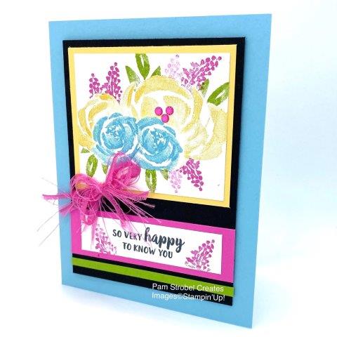 I can make a beautiful cluster of flower with just 1 stamp set because it has so many images to choose from. It's a stamp set that I like to make masks for so the color layers don't get stamped over each other. Balmy Blue, Magenta Madness,Daffodil Delight , Basic Black & Granny Apple were used with the Beautiful Friendship stamp set. Stamp the blue flowers and then place a mask over each image before stamping the next color. Find additional card designs from the stamp set here https://www.pamstrobelcreates.com/beautiful-friendship-stamp-set