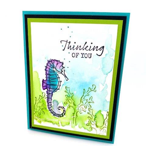 This unda the sea fun card features a Watercolored washed back drop. The Stampin'Up Seaside Notions stamp set is stamped over the wash and then colored using Bermuda Bay, Gorgeous Grape and Granny Apple Green colors. Matching card stocks bring all the colors into a coordinated composition. Find more inspiring samples here https://www.pamstrobelcreates.com/seaside-notions-stamp-set