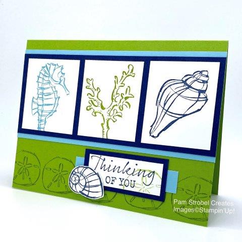 I love the idea of creating a Quick card that doesn't involve coloring in the image. By stamping different colors ,using the selection of many images from the Seaside Notions stamp set, I can still have a colorful impac without the work. Granny Apple Green, Balmy Blue and Night of Navy colors. Enjoy more Seaside samples here: https://www.pamstrobelcreates.com/seaside-notions-stamp-set