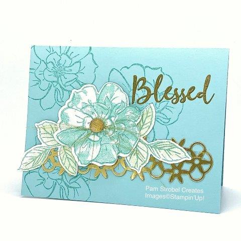 The gorgeous To A Wild Rose stamp set is featured with the soft colors of Pool Party, Soft Sea Foam and Gold Foil paper accents using the Wild Rose dies. The 2 step stamped image takes on beautiful layers of color. The sentiment coordinates with the other gold accents when Gold Embossed and has many more sentiments to chose from. Enjoy more inspiration : https://www.pamstrobelcreates.com/to-a-wild-rose-stamp-set