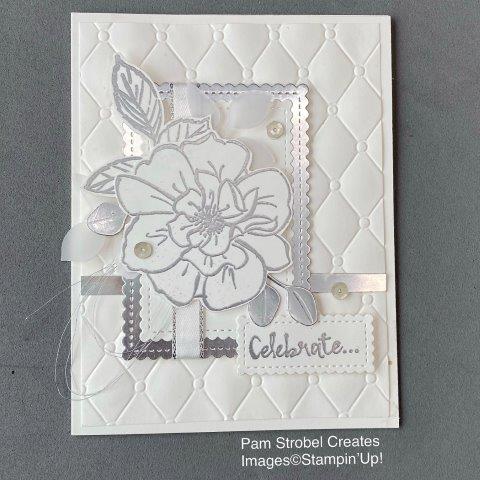 Elegant in All White and Silver Foil ! Perfect for an Anniversary or Wedding card when you want to feature elegance. Silver Embossing, Silver edged white satin ribbon, die cut Silver Foil and Vellum foliage combine with the To A Wild Rose stamp set and Wild Rose dies ans Stitched So Sweetly dies.Tufted Embossing Folder. Enjpy additional inspiration here : https://www.pamstrobelcreates.com/to-a-wild-rose-stamp-set
