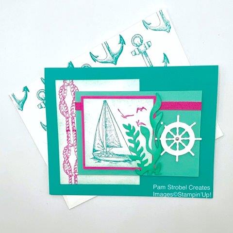 It's So fun creating a bright and colorful nautical card that is a far cry from a darker navy blue.This Sailing Home stamp set and dies features bright colors Bermuda Bay, Coastal Cabana and Magenta Madness. And YES , a thick basic white steering wheel, so unique. After stamping the boat and birds I created a great texture with the Subtles Embossiing Folder. Enjoy more Sailing Home cards here : https://www.pamstrobelcreates.com/sailing-home-stamp-set