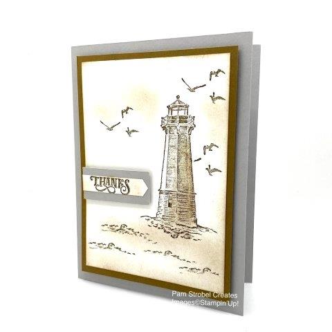 Rugged and QUICK this seashore look uses the Sailing Home stamp set and features Smoky Slate and Soft Suede colors. The Classic Label Punch works great for the Thanks sentiment. Enjoy more Sailing Home samples here : https://www.pamstrobelcreates.com/sailing-home-stamp-set