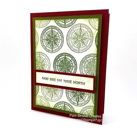 With repeat stamping of the same image this Rugged and Quick Sailing Home stamp set features colors of Merry Merlot and Mossy Meadow. By using the inked image once and then stamping off without re-inking the second time, you can get a varied color palette. Super Easy to drape a sentiment piece across and you're done. Enjoy more Sailing Home inspiration https://www.pamstrobelcreates.com/sailing-home-stamp-set