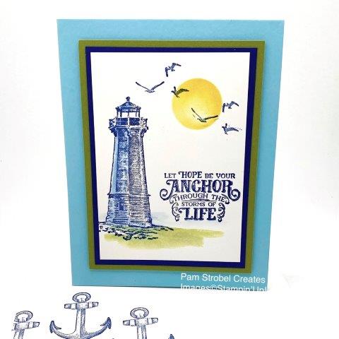 This sunny seaside scene starts with Night of Navy ink and the Sailing Home stamp set. Stamp the lighthouse first and use a waterpainter along the left side of the tower. The stamped ink will bleed out to give it a shaded feel. Punch a circle o a post it note and use that negative mask to sponge a sun with Daffodil Delight ink. Stamp the bird and sentiment. Use Old Olive to water paint the grass. Balmy Blue, Old Olive, Night of Navy card stock. https://www.pamstrobelcreates.com/sailing-home-stamp-set