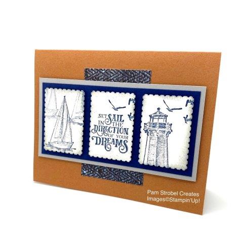 A Quick Guy card is EASY to stamp and punch using Sailing Home stamp set and Postage Stamp Punch by Stampin'Up! All 3 images from this stamp set are inked in Night of Navy. The punched edges have a nice texture and can be given more depth by sponging with Smoky Slate ink. In Good Taste designer paper is featured as well as In Color Cinnamon Cider, Smoky Slate, and Night of Navy. Enjoy more SAILING HOME https://www.pamstrobelcreates.com/sailing-home-stamp-set