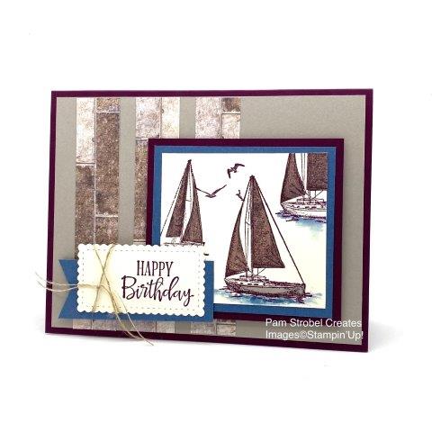 Rugged and Masculine these 3 Sailboats get paper pieced sails using the In Good Taste designer series paper. It's a perfect guy card Stamped in Blackberry Bliss with Misty Moonlight. Stitched So Sweetly Dies and Linen Thread create additional interest to the Happy Birthday message. More Sailing Home inspiration : https://www.pamstrobelcreates.com/sailing-home-stamp-set