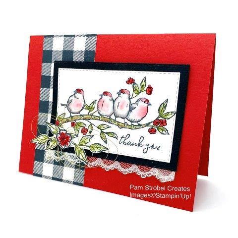 My little red headed flock gets a touch of brightness using Poppy Parade. I thought it would be fun to do a bold contrast of black with the Buffalo Check background stamp. Fussy cut flowers and touches of Scalloped Lace trim give this Stampin’Up ! Free As Bird stamp set a fun vintage vibe. More inspiration can be found here https://www.pamstrobelcreates.com/free-as-a-bird-stamp-set
