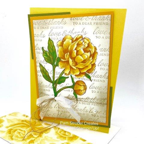 This golden Prized Peony stamp set uses Saddle Brown stazon for the orginal stamped image . Color layers were created using Stampin Blends Daffodil Delight,Mango Melody, Pumpkin Pie & Old Olive. Use Crumb Cake ink the stamp the background sentiment and then sponge around that layer with the same ink. WHite Crinkle Ribbon and Linen Thread add wonderful texture to the detailed image. Find more Prized Peony inspiration on my website here : https://www.pamstrobelcreates.com/prized-peony-stamp-set
