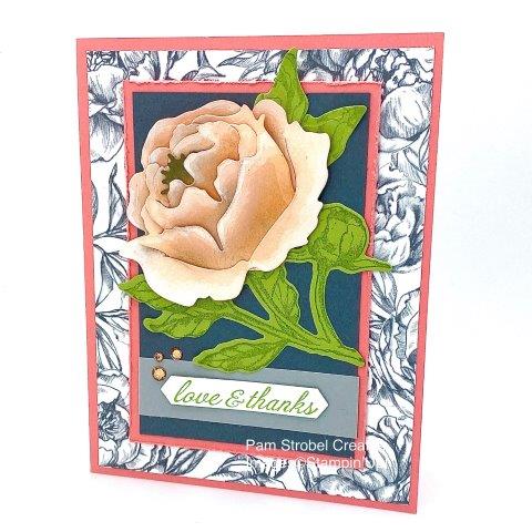 My goal for this card was trying to figure out HOW to get some color depth on this beautiful Prized Peony Petal using the light color card stock of Petal Pink. The important thing to look at is the fact that the deepest part of each petal doesn't have as much light on it. So I sponged Crumb Cake at the base of each petal and then White craft Ink on the outside edges. Bingo...contrast I wanted achieved. It was all paired up with Peony Garden Designer series Paper, Pear Pizzazz & Flirty Flamingo. Classic Label Punch for the sentiment and Champagne Rhinestones. Keep the creativity going by visiting my Peony page here : https://www.pamstrobelcreates.com/prized-peony-stamp-set