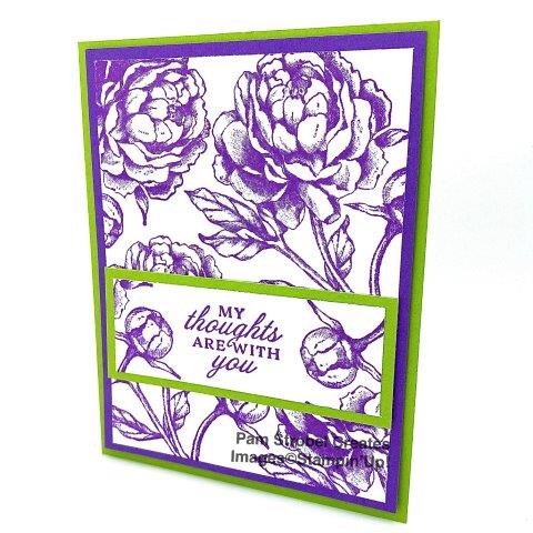 You'll love making this Quick card using Stampin'Up's Prized Peony stamp set. Those big floral images quickly fill up your white card panel. I've featured 2 colors from the Brights Collection....Gorgeous Grape and Granny Apple Green. Even better you only need 1 ink color. Just think of the color combos you could use! Check out this stamp set in my designated gallery for Prized Peony here: https://www.pamstrobelcreates.com/prized-peony-stamp-set