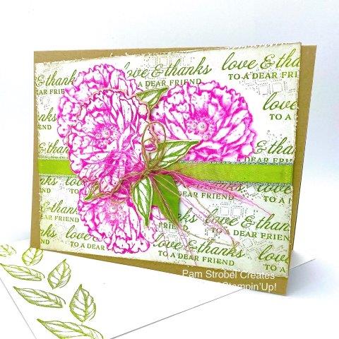 Everyone loves a big bouquet of flowers! So I decide to do just that in my pink bouqet using the Prized Peony stamp set and dies. The 3 blossoms were stamped in Magenta Madness and then spritzed lightly with water to have the ink slightly bleed. Mask those images and stamp the background with the sentiment in Granny Apple Green and sponge the edges with Crumb Cake ink. Stamp another flower/cut and build up the remaining layer with cut leaves and shredded Magenta Madness ribbon. Enjoy more Prized Peony cards : https://www.pamstrobelcreates.com/prized-peony-stamp-set