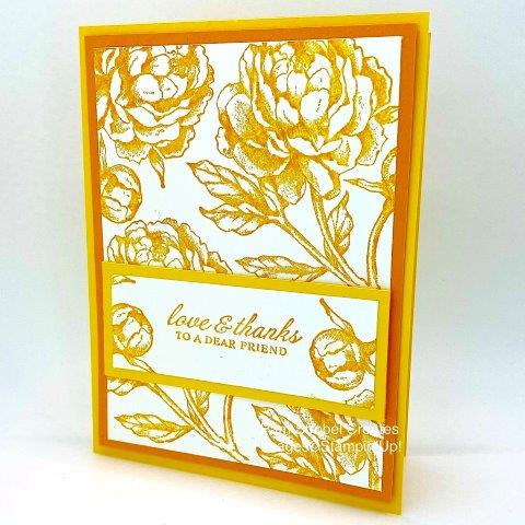 You'll love making this bright Thank You Quick card using Stampin'Up's Prized Peony stamp set. I've featured 2 colors from the Brights Collection... Daffodil Delight and Mango Melody. Even better you only need 1 ink color, Mango Melody. Just think of the color combos you could use! Check out this stamp set in my designated gallery for Prized Peony here: https://www.pamstrobelcreates.com/prized-peony-stamp-set