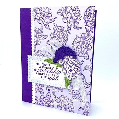 Enjoy stamping tone on tone color using the Prized Peony stamp set & dies. The Gorgeous Grape color looks exquisite on the lighter Purple Posy card stock. It takes on a deeper look directly on the Gorgeous Grape card stock. A touch of elegance appears when you use the Stitched So Sweetly dies to cut Silver Foil scalloped borders. White Crinkle Ribbon and Coordinating rhinestones finish off the elegant look. Inspired? find even more samples here : https://www.pamstrobelcreates.com/prized-peony-stamp-set
