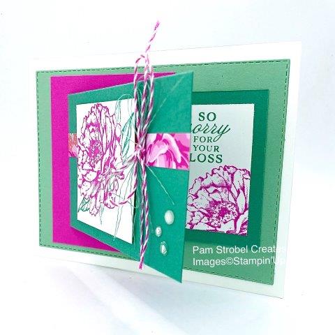 A sweet word of caring gets revealed in this simple fun fold card. I used the Prized Peony stamp set with Just Jade, Mint Macaron and Magenta Madness. The coordinating twine is from a Paper Pumpkin kit and also includes patterned paper from Fllowers For Every Seasons DSP and Elegant Faceted Gems. More Peony inspiration when you visit my site: https://www.pamstrobelcreates.com/prized-peony-stamp-set