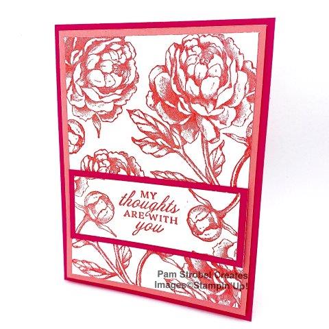 You'll love making this Quick card using Stampin'Up's Prized Peony stamp set. Those big floral images quickly fill up your white card panel. I've featured 2 colors from the Brights Collection....Melon Mambo and Flirty Flamingo . Even better you only need 1 ink color, Melon Mambo. Just think of the color combos you could use! Check out this stamp set in my designated gallery for Prized Peony here: https://www.pamstrobelcreates.com/prized-peony-stamp-set