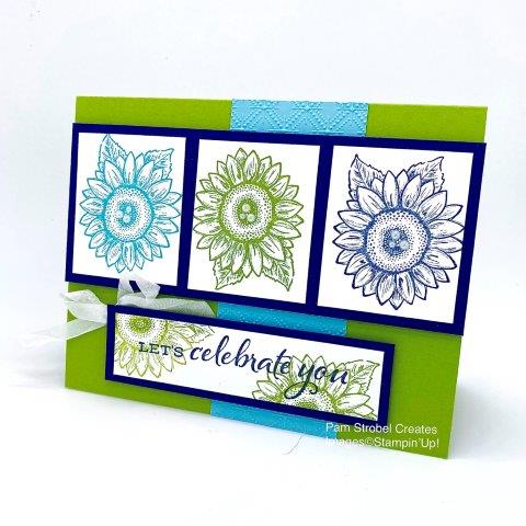 I loved creating my own color challenge using Stampin'Up's Celebrate Sunflowers stamp set done in Night of Navy, Balmy Blue and Granny Apple Green. Anyone can use the tradtional sunflower colors but why not have fun with colors you might not chose. Embellish with a soft bow of White Crinkle Ribbon and Rhinestones iin the center of each flower. You'll find more inspiration for this stamp set here https://www.pamstrobelcreates.com/celebrate-sunflowers-stamp-set