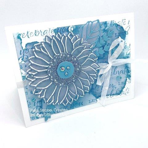 Artsy watercolor washes were applied first , then the sentiment was stamped over the wash using Seaside Spray and Balmy Blue inks on watercolor paper. Follow with die cut layers of Balmy Blue Glimmer paper ,Vellum card stock and White Crinkle Ribbon. More Celebrate Sunflowers Bundle with stamps and dies here https://www.pamstrobelcreates.com/celebrate-sunflowers-stamp-set
