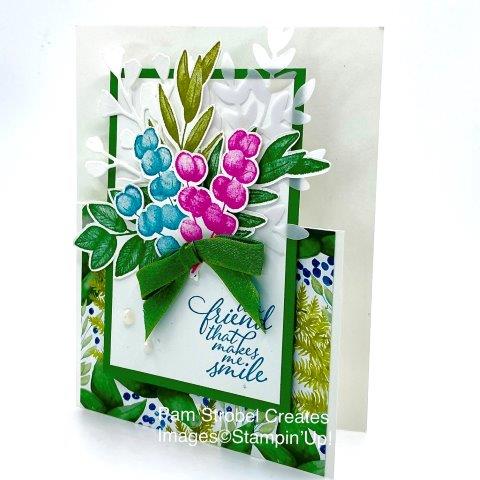 My Forever Fern half door front opening got a color burst of Magenta Madness, Pretty Peacock . Simply cut off 1/2 of the front of your card and then decorate a vertical panel to go on top of it. White and vellum foliage add a beautiful contrast to the traditional Garden Green, Shaded Spruce and Old Olive colors. Bundle Stampin'Up!'s Forever Fern Stamp set & Forever Flourishing Dies with Forever Greenery Designer Paper. More inspiration here https://www.pamstrobelcreates.com/forever-fern-stamp-set
