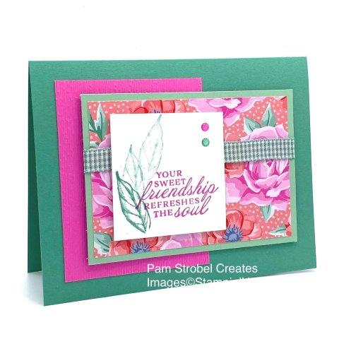It's EASY to Follow the color lead from the bright and beautiful Flowers For Every Season Designer Series Paper. I used Stampin Up's Forever Fern stamp set with Just Jade, Magenta Madness, Mint Macaron. The fun check ribbon is part of the Flowers for Every Season Ribbon combo of 3. This quick card packs a punch of color and will brighten anyones day. Enjoy more Forever Fern Inspiration here : https://www.pamstrobelcreates.com/forever-fern-stamp-set