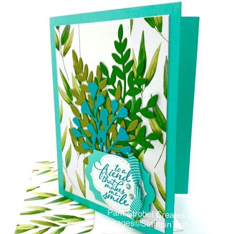 I love bringing in the bright colors of the Carribean sea with Stampin'Up's Forever Fern stamp set and dies. The coordinating Forever Greenery Designer Series Paper creates a good background however I left the center white to reduce the busy pattern .Bermuda Bay, Coastal Cabana, Garden Green and Old Olive set the color stage. The Everyday Label Punch and Stitched so Sweetly die partner together for a pretty sentiment panel. Love the Forever Fern ? find more inspiration here: https://www.pamstrobelcreates.com/forever-fern-stamp-set