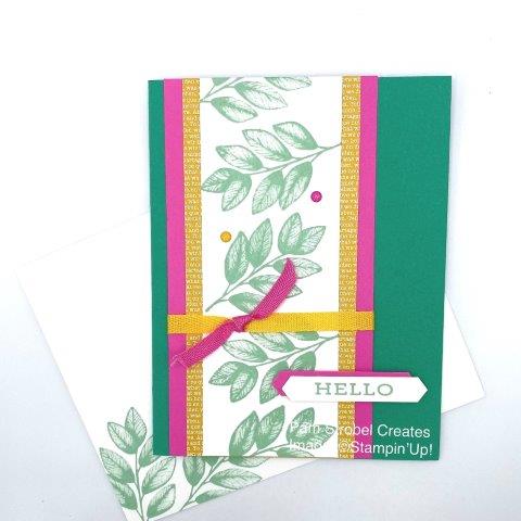 Stampin'Up's 2020-2022 In Colors are the focus of this quick card. Just Jade, Bumblebee, Magenta Madness & Ribbon using the Forever Fern stamp set. The Classic Label Punch is a must have for your simple sentiments. Find more Foreever zfern inspiration here https://www.pamstrobelcreates.com/forever-fern-stamp-set