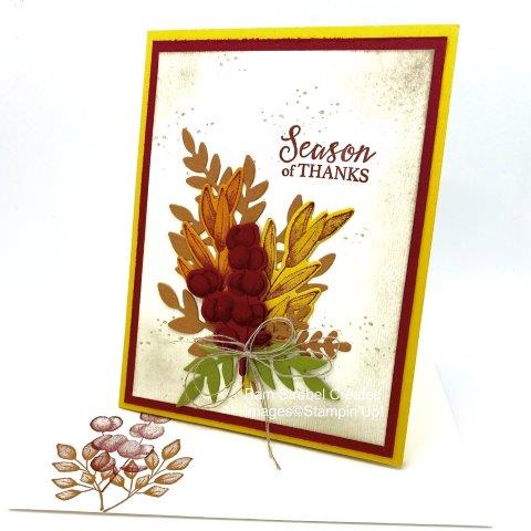 Turn Stampin'Up's Forever Fern stamp set and dies into the warm and colorful feeling of Fall. Stamp your sentiment, sponge the edges with Crumb Cake ink and spatter image and then run through the Subtles Embossing Folder to give all that vaniila space some texture. Forever Fourishing Dies with colors Crushed Curry, Cherry Cobbler, Old Olive, Cinnamon Cider, Pumpkin Pie. A bow of linen thread finishes the Autumn feel. Find more inspiration by clicking on the link or https://www.pamstrobelcreates.com/forever-fern-stamp-set