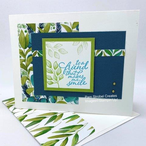 Let Stampin'Up's Forever Greenery Designer Series Paper set the stage for your color choices . 2020-2021 IN Color Pretty Peacock and Pear Pizzazz are all you need using the Forever Fern stamp set. Find more Fern inspiration here: https://www.pamstrobelcreates.com/forever-fern-stamp-set