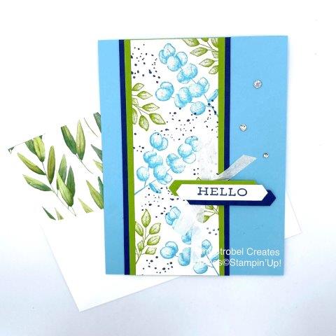 Using my own personal color challenge I created a simple patterned panel using Stampin'Up's Forever Fern stamp set . Starting with the large berry clusters first in Balmy Blue, then Granny Apple Green leaves and fill in dots of Night of Navy, . White Crinkle Ribbon & Forever Greenery Designer Series bring more coordination and touchable texture to the finished card. Easily create sentiment layers with the Classic Label Punch. Find even more inspiration here : https://www.pamstrobelcreates.com/forever-fern-stamp-set