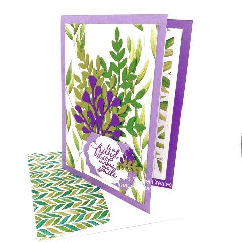 I love bringing in the purple shades with Stampin'Up's Forever Fern stamp set and dies. The coordinating Forever Greenery Designer Series Paper creates a good background however I left the center white to reduce the busy pattern . Highland Heather, Gorgeous Grape , Garden Green and Old Olive set the color stage. The Everyday Label Punch and Stitched so Sweetly die partner together for a pretty sentiment panel. Love the Forever Fern ? find more inspiration here: https://www.pamstrobelcreates.com/forever-fern-stamp-set
