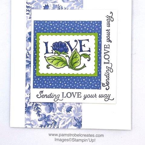 The classic postage stamp shape is convened in the LOVE image from the Posted for You stamp set. I featured Granny Apple Green and Misty Moonlight colors to coordinate with the Flowers for Every Season Designer paper. I thought it would be fun to do a double sentiment on the corner. Click on the photo to see more samples @ pamstrobelcreates.com