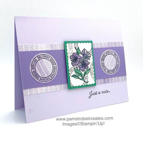 The classic postage stamp shape is convened in the LOVE image from the Posted for You stamp set. I featured Granny Apple Green and Misty Moonlight colors to coordinate with the Flowers for Every Season Designer paper. I thought it would be fun to do a double sentiment on the corner. Click on the photo to see more samples @ pamstrobelcreates.com