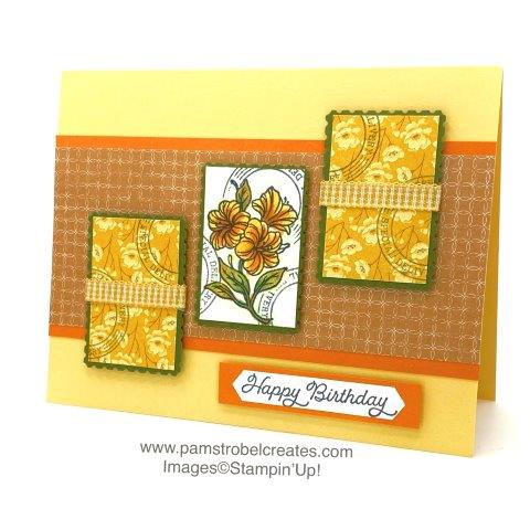 I love that you can choose any seasonal color with the Posted For You stamp set and have a fabulous card. Warm and Fall like I chose Pumpkin Pie, Cinnamon Cider and So Saffron. The patterned paper is from the Flowers for Every Season DSP. Stampin Blends to color and Postal Punched Mossy Meadow layer underneath. Click on photo for more inspiration.