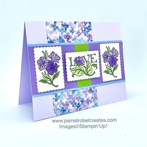 This card makes me happy with the beautiful purple florals, both in the images and the Hydrangea Hill designer paper. Granny Apple Green adds a fresh brightness and a subtle Seaside Blue Spray blue adds the finishing touch. I'm thrilled to show you even more happiness ..just click on the photo to go to my website inspiration.
