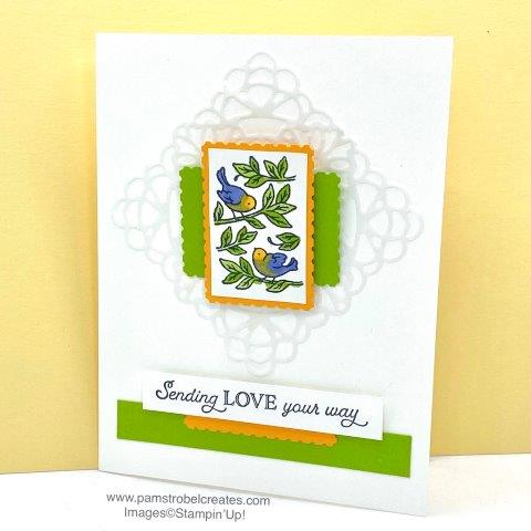 Crisp and clean but still popping with color. For this Posted For You sample, I went with a 2 tone bird and Mango Melody and Granny Apple Green. Love how the Vellum Doilie nicely fills up the white background but still keeping it simple. I have a dedicated gallery just for this stamp set. You can click on the photo to go there. Enjoy!
