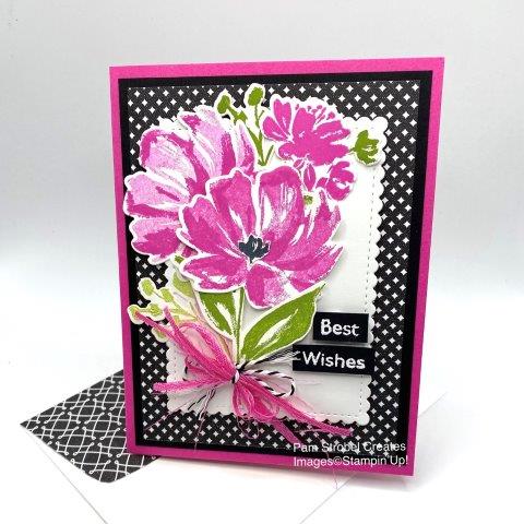 Gorgeous blooms from Stampin'Up!s Art Gallery 2-step stamp set used colors Magenta Madness, Granny Apple Green and Basic Black. Images have matching dies. The versatile patterns of black and white can be found in the Love You Always 12 x 12 double sided Designer Series Paper.