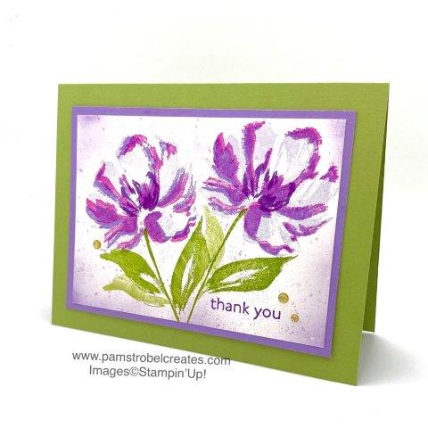 This double bloom beauty features 2-step stamping with ease. Purple Posy, Highland Heather, Magenta Madness and Gorgeous Grape are featured in the petals with stamped and stamped off Granny Apple GReen foliage. Pear Pizzazz is used for a subtle card base. Enjoy more of this stamp set https://www.pamstrobelcreates.com/art-gallery-stamp-set