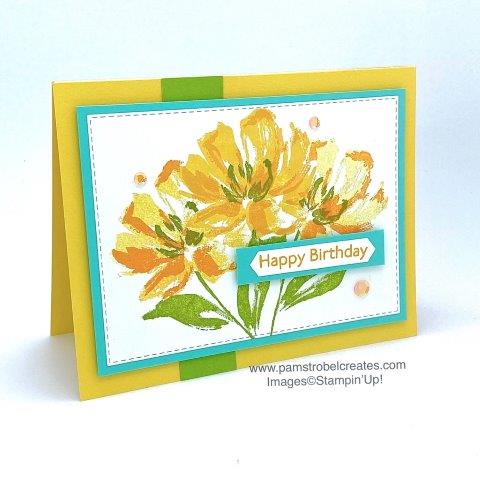 This gorgeous Art Gallery triple bloom features Stampin Up colors Daffodil Delight. Mango Melody and Granny Apple Green. The fresh accent of the Coastal Cabana color really features the fabulous combinations that can be created with the Brights Collection of papers and inks.