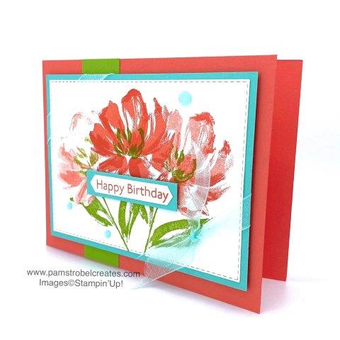 Another one of my triple bloom Art Gallery cards. you really can get a range of color when you stamp OFF part of the ink before stamping again. Calypso Coral, Coastal Cabana and Granny Apple Green get paired together for a bright and cherrful birthday card.