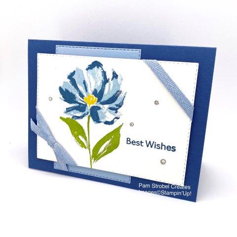 Misty Moonlight and Seaside Spray colors work well with the Art Gallery 2 step stamp set. Granny Apple Green foliage adds to the look of this single flower beauty. Seaside Metallic ribbon wraps it up! Enjoy more Art Gallery cards here https://www.pamstrobelcreates.com/art-gallery-stamp-set