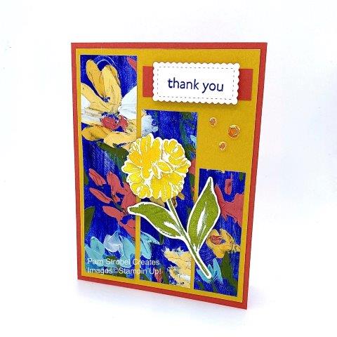 Sometimes minimizing busy background paper is a good idea. This 12x12 double sided Fine Art Floral Designer Series Paper has simple patterns also. Stampin'Up's Art Gallery Stamp set and dies. Terra Cotta Tile and Bumble Bee were used.