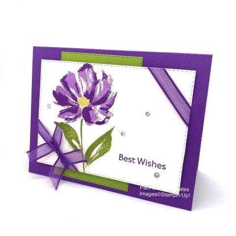Stampin'Up's versatile Art Gallery stamp set is shown here with Gorgeous Grape and Granny Apple Green. Make 1 flower of more and tie it up with the Gorgeous Grape Sheer Ribbon. Enjoy more ART Gallery cards here https://www.pamstrobelcreates.com/art-gallery-stamp-set